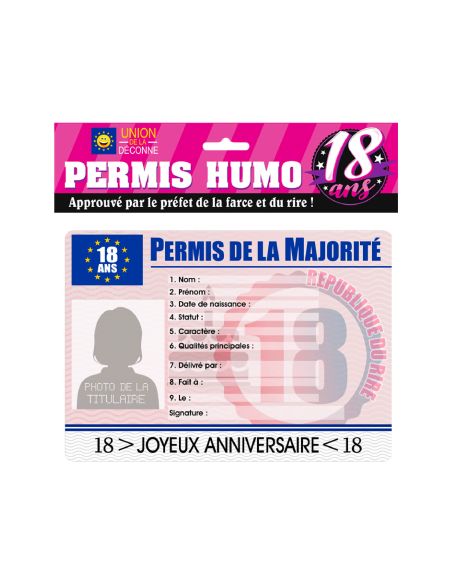 Faux Permis Humoristique de la Majorité 18 Ans - Version Féminine