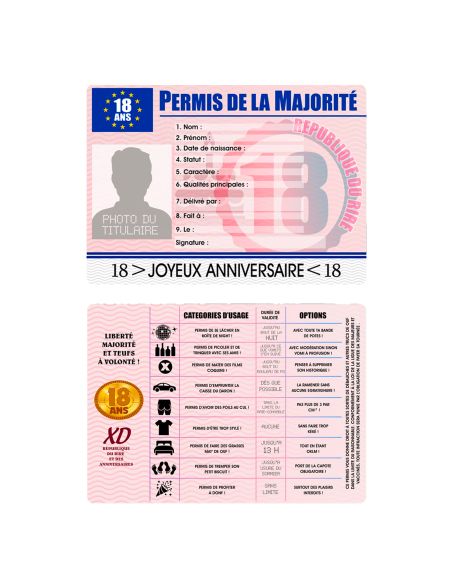Faux Permis Humoristique de la Majorité 18 Ans / Version Masculine
