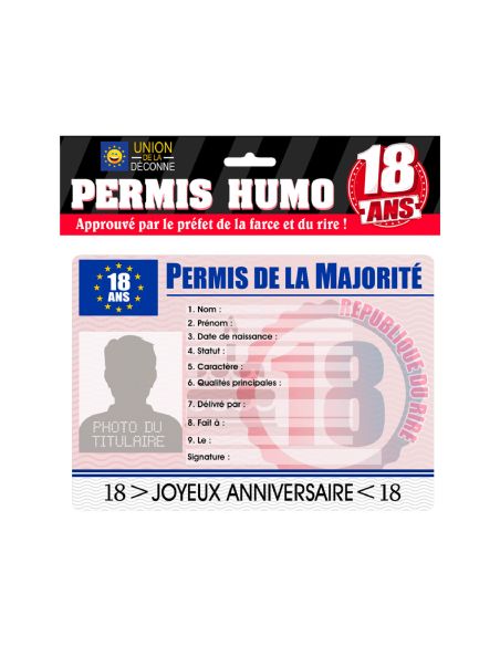 Faux Permis Humoristique de la Majorité 18 Ans / Version Masculine
