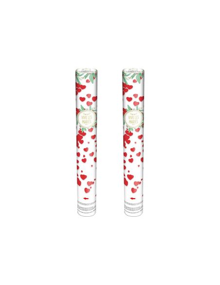 Lot de 2 Canons à Confettis Cœurs Rouges Vive les Mariés