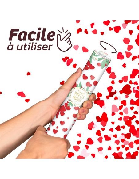 Lot de 4 Canons à Confettis Cœurs Rouges Vive les Mariés