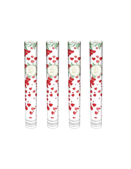 Lot de 4 Canons à Confettis Cœurs Rouges Vive les Mariés