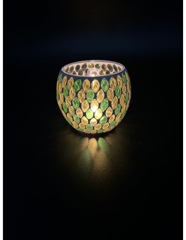 Photophore Motif Mosaïque en Verre - Dimensions : 12 x 12 x 10 cm - Couleur : Jaune