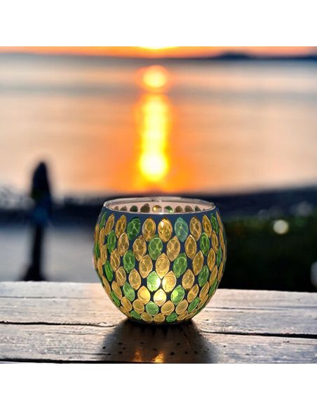Photophore Motif Mosaïque en Verre - Dimensions : 12 x 12 x 10 cm - Couleur : Jaune