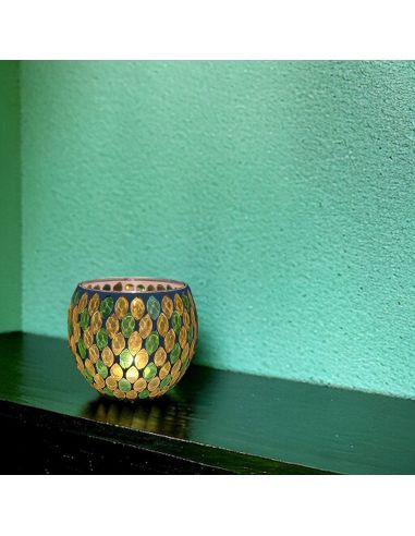 Photophore Motif Mosaïque en Verre - Dimensions : 12 x 12 x 10 cm - Couleur : Jaune