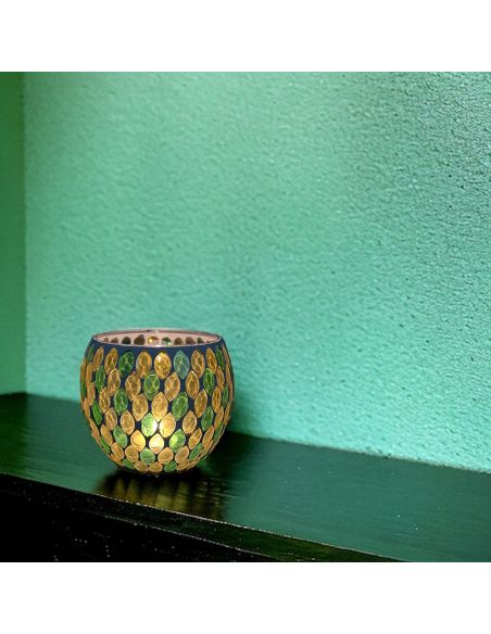 Photophore Motif Mosaïque en Verre - Dimensions : 12 x 12 x 10 cm - Couleur : Jaune