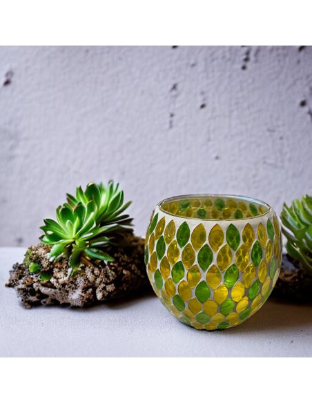 Photophore Motif Mosaïque en Verre - Dimensions : 12 x 12 x 10 cm - Couleur : Jaune