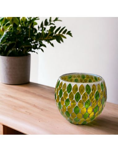 Photophore Motif Mosaïque en Verre - Dimensions : 12 x 12 x 10 cm - Couleur : Jaune