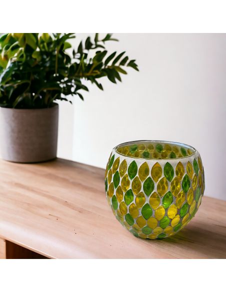 Photophore Motif Mosaïque en Verre - Dimensions : 12 x 12 x 10 cm - Couleur : Jaune