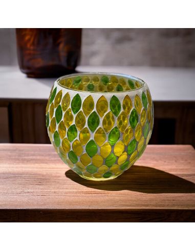 Photophore Motif Mosaïque en Verre - Dimensions : 12 x 12 x 10 cm - Couleur : Jaune