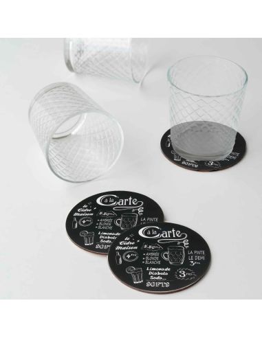 Lot 4 Dessous de Verre Ronds en Bois Bistrot - 3 modèles Différents