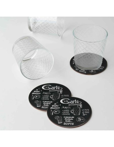 Lot 4 Dessous de Verre Ronds en Bois Bistrot - 3 modèles Différents