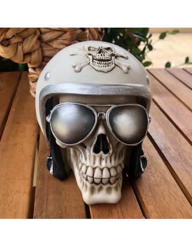 Tirelire crâne avec Casque et Lunettes de Soleil - En Polyrésine