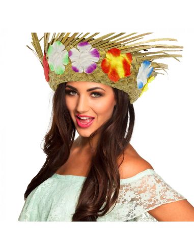 Chapeau De Paille Hawaïen - Avec Fleurs Tissu - Adulte