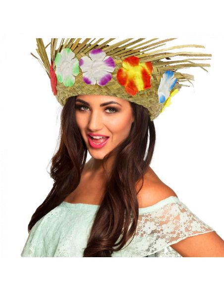 Chapeau De Paille Hawaïen - Avec Fleurs Tissu - Adulte