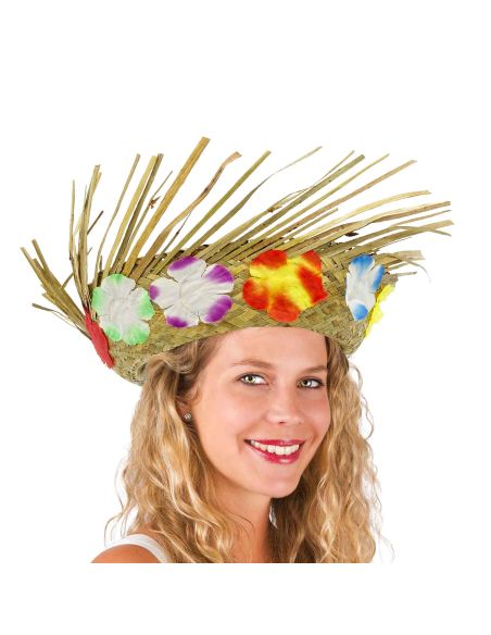 Chapeau De Paille Hawaïen - Avec Fleurs Tissu - Adulte