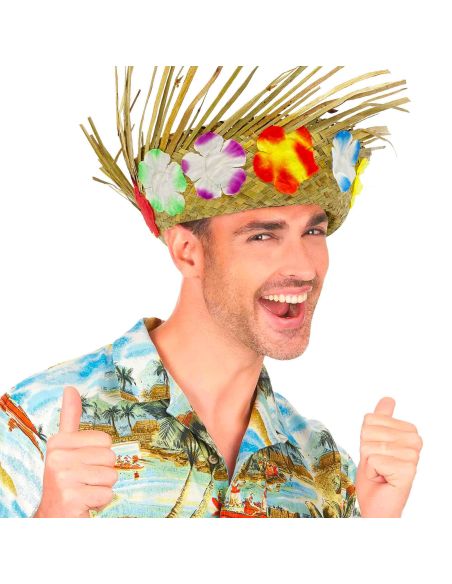 Chapeau De Paille Hawaïen - Avec Fleurs Tissu - Adulte