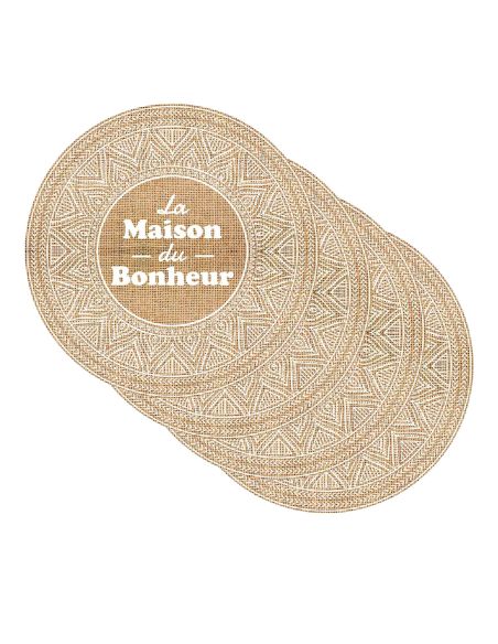 4 Sets De Table  "La Maison du Bonheur" en Toile de Jute - Diamètre : 38 cm