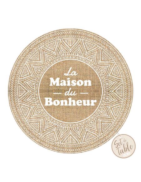 4 Sets De Table  "La Maison du Bonheur" en Toile de Jute - Diamètre : 38 cm