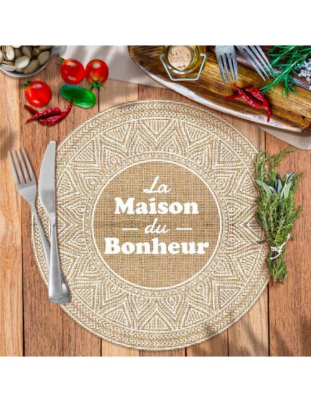 4 Sets De Table  "La Maison du Bonheur" en Toile de Jute - Diamètre : 38 cm