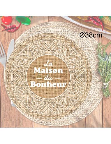 4 Sets De Table  "La Maison du Bonheur" en Toile de Jute - Diamètre : 38 cm