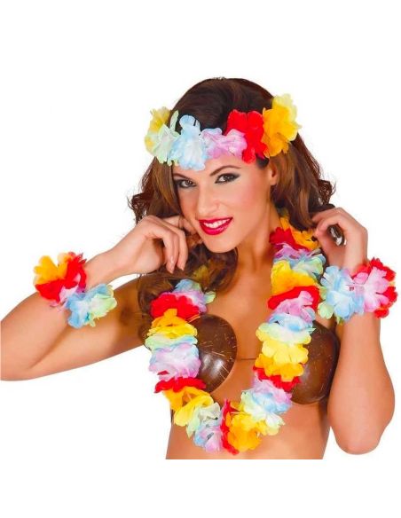 Set hawaïen à Fleurs en Tissu Multicolores ( Collier + Bandeau + 2 Bracelets )