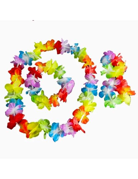 Set hawaïen à Fleurs en Tissu Multicolores ( Collier + Bandeau + 2 Bracelets )