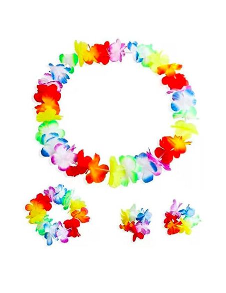 Set hawaïen à Fleurs en Tissu Multicolores ( Collier + Bandeau + 2 Bracelets )