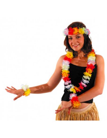 Set hawaïen à Fleurs en Tissu Multicolores ( Collier + Bandeau + 2 Bracelets )