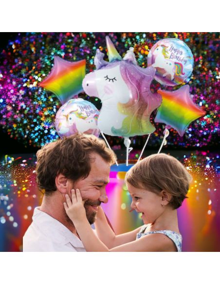Lot De 4 Ballons Aluminium Licorne Multicolore / Dimensions : 52 cm et 35 cm
