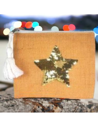 Sac Pochette en Jute avec Motif en Sequin - Dimensions : 22 x 18 cm