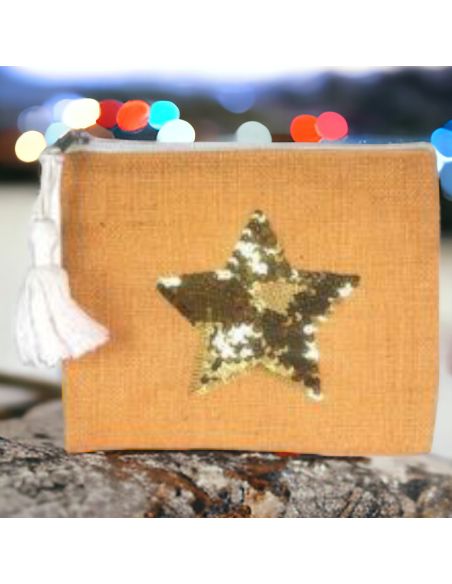 Sac Pochette en Jute avec Motif en Sequin - Dimensions : 22 x 18 cm