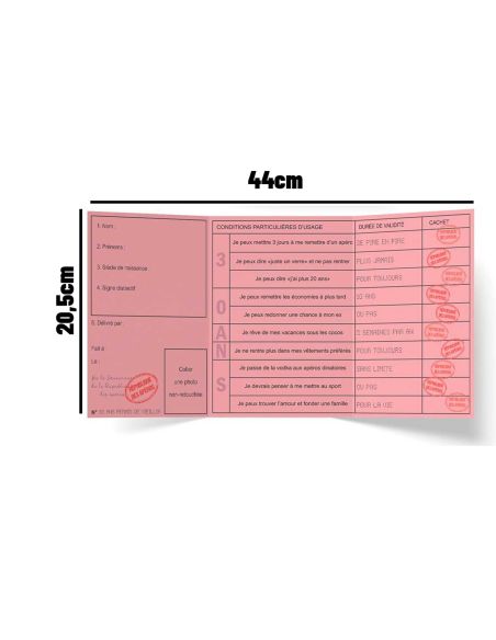 Faux Permis Humoristique 30 ans "Permis de Vieillir" - Dimensions : 44 x 20,5 cm