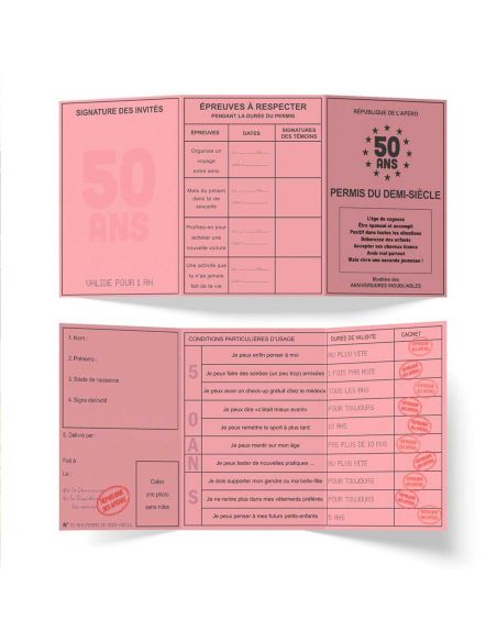Faux Permis Humoristique 50 ans "Permis du Demi-Siècle" - Dimensions : 44 x 20,5 cm