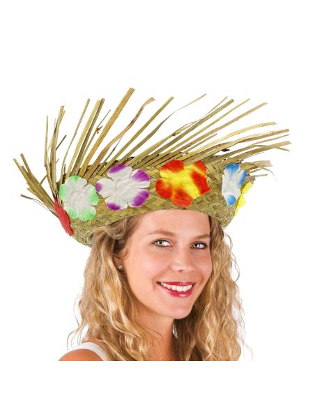 Pack Hawaïen Chapeau de Paille et Collier à Fleurs en Tissu