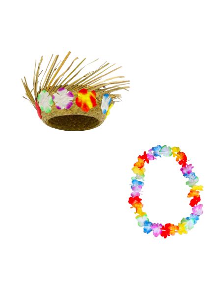 Pack Hawaïen Chapeau de Paille et Collier à Fleurs en Tissu