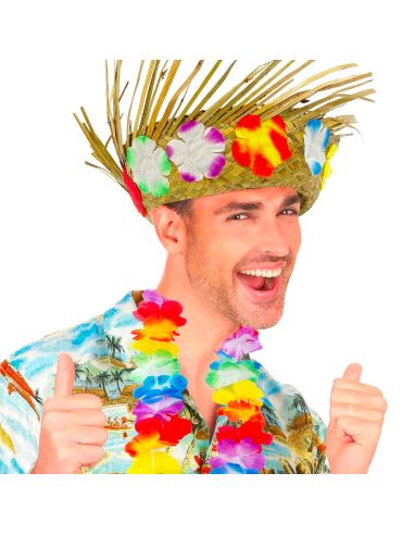 Pack Hawaïen Chapeau de Paille et Collier à Fleurs en Tissu