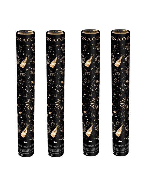 Lot de 4 Canons à Confettis Ronds Dorés et Noirs "Bonne Année"