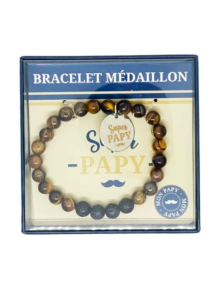 Bracelet Médaillon et Pierres Naturelles Papy - 2 modèles au choix