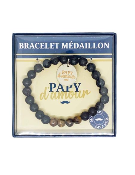 Bracelet Médaillon et Pierres Naturelles Papy - 2 modèles au choix