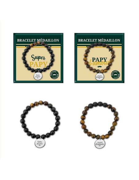 Bracelet Médaillon et Pierres Naturelles Papy - 2 modèles au choix