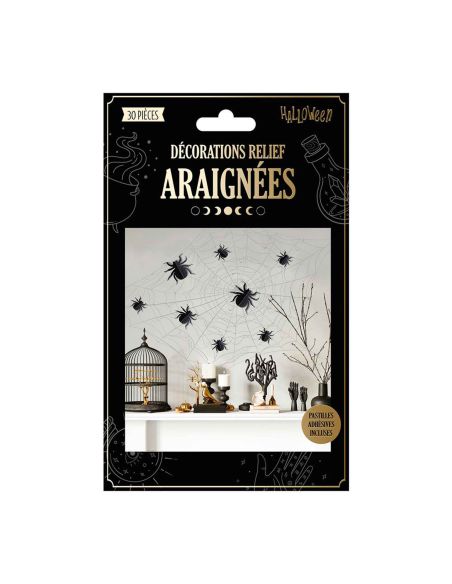 Décorations Murales en Relief Araignées Halloween - Coffret de 30 Pièces - Pastilles Adhésives Incluses