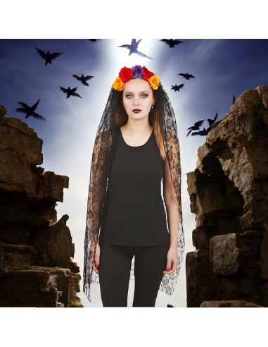 Serre-tête Jour des Morts avec Fleurs - Voile 120cm