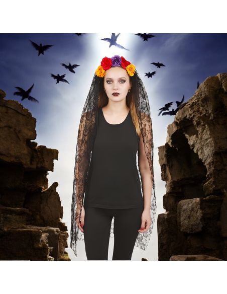 Serre-tête Jour des Morts avec Fleurs - Voile 120cm