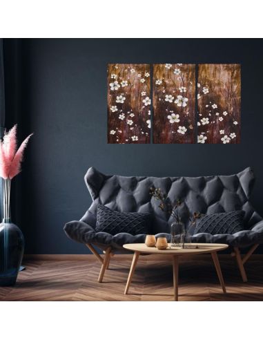 Impression sur Toile en 3 Parties Style Peinture Florale Structure en Bois - Dimensions d'une Partie : 55 x 3 x 100 cm