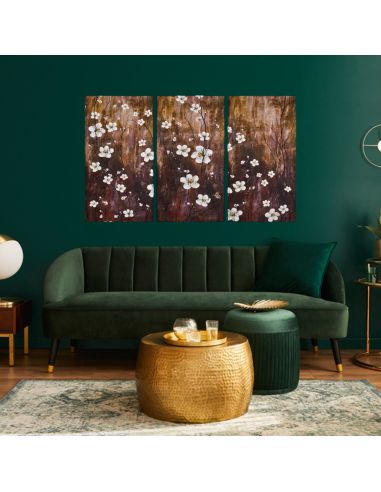 Impression sur Toile en 3 Parties Style Peinture Florale Structure en Bois - Dimensions d'une Partie : 55 x 3 x 100 cm
