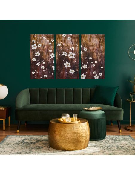 Impression sur Toile en 3 Parties Style Peinture Florale Structure en Bois - Dimensions d'une Partie : 55 x 3 x 100 cm