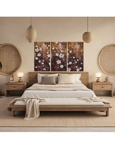 Impression sur Toile en 3 Parties Style Peinture Florale Structure en Bois - Dimensions d'une Partie : 55 x 3 x 100 cm