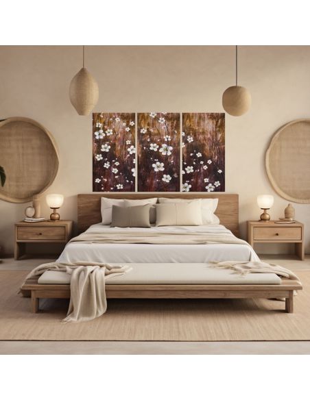 Impression sur Toile en 3 Parties Style Peinture Florale Structure en Bois - Dimensions d'une Partie : 55 x 3 x 100 cm