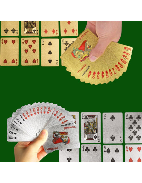 Lot de 2 de Jeux de 54 Cartes Deluxe à Jouer Imperméables - Couleurs : Argentées et Dorées